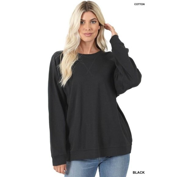 Zenana Black Long Sleeve Cotton Pullover Sweatshirt M - Picture 1 of 6